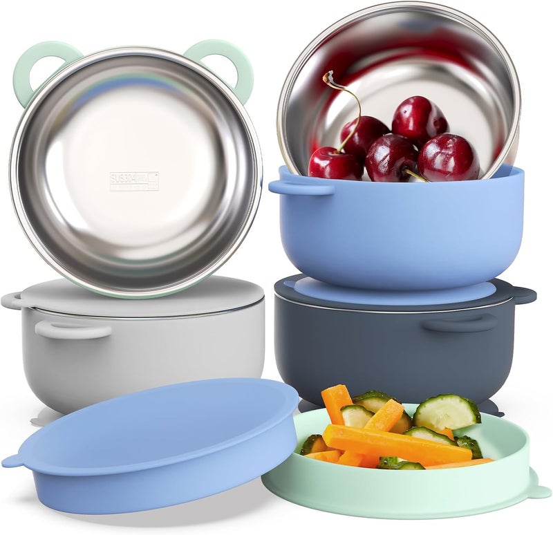 Bakpoco Baby Suction Bowls with Lids 4-Pack, 2-in-1 Stainless Steel 304 Toddler Bowl & Removable Silicone Suction Kids Bowl Plate Set Non Toxic Snack Dishes for Self-Feeding, Ocean Explorer Set - Image 1